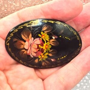 Vintage Russian Floral Black Lacquer Art Handpainted Brooch Pin